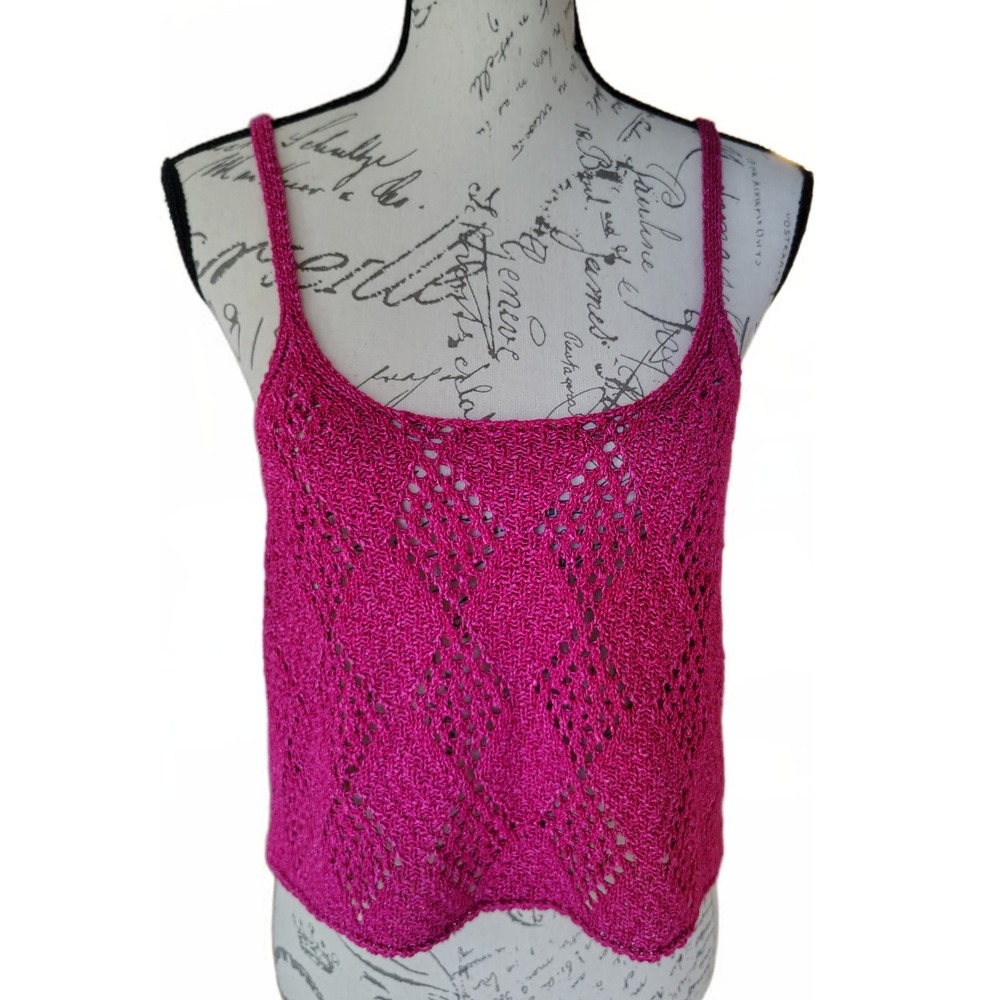 Free People Glisten Pink Crochet Tank Top Large Cropped Boho Mermaid Festival